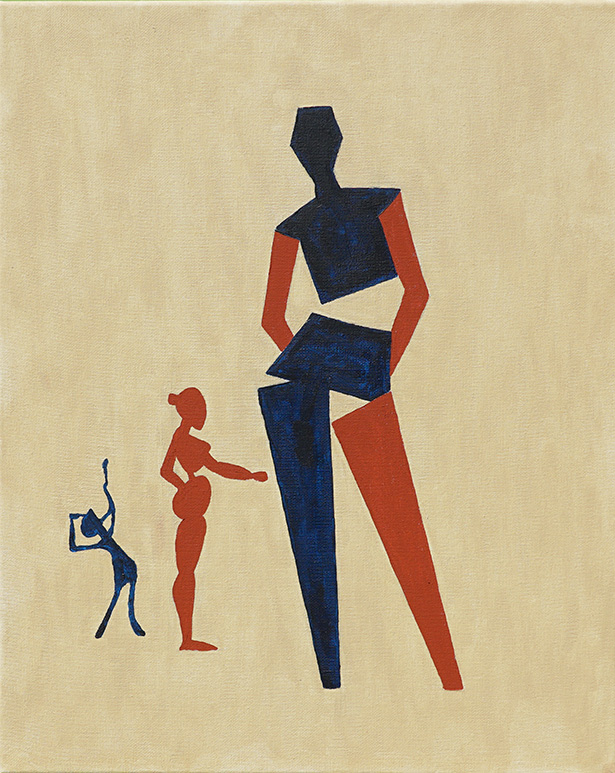 Ölgemälde mit drei stilisierten Figuren in Blau und Rot auf Beige – abstrahierte Darstellung von Entwicklung und Wachstum.